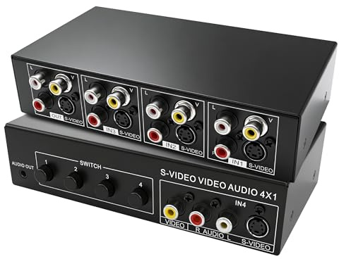 S-Video + AV RCA Switch 4 In 1 Out Composite Video L/R Stereo Converter | 3.5mm Jack Output 4-Way S-Video SVHS + AV L/R Switcher Selector Box for PC Laptop HDTV DVD STB VHS VCR Camera