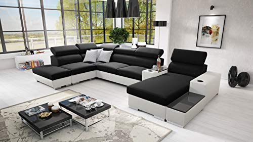 All4All Ecksofa mit Schlaffunktion Ponti 368 cm x 227 cm - Wohnlandschaft U-Form - Schlafsofa mit Bettkasten - XXL Sofa - Groß - Gewebe mit Kunstleder - Rechte Seite - Schwarz/Weiß - Modern 26