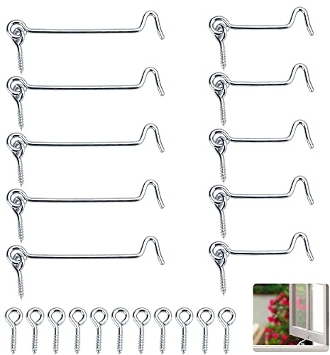 QUCUMER 10 Pièces Crochet de Cabine 10/6.3cm Crochet Cabine Crochet Fermeture Porte Serrure à Crochet de Porte en Fer Galvanisé Argent Crochets de Cabine avec Œillets Vis de Fixation pour Fenêtre