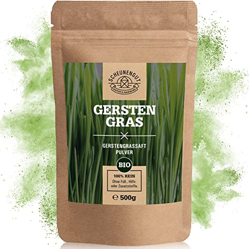 SCHEUNENGUT Jus d'herbe d'orge en poudre bio - Important : produit 100 % certifié bio des États-Unis (500 g) - Produit naturel pur - Végétalien + testé en laboratoire - Production allemande