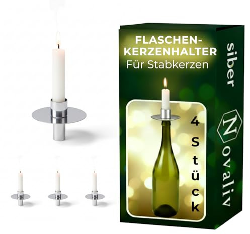 Novaliv 4X Kerzenhalter Flasche I Silber I Metall I Kerzenhalter Flaschenaufsatz für Kerzen Flaschenkerzenhalter Stabkerzen Kerzenständer Silber Stabkerzenhalter Glas Candle Holder Stabkerzentüllen