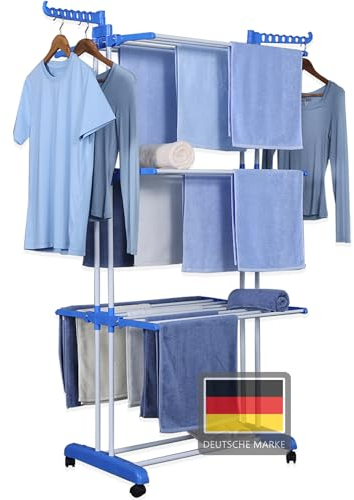 NYVI Wäscheständer LaundryFlex Blau - Wäschetrockner Turm mit Extra Viel Platz auf 6 Ebenen - Mobil, Flexibel, Ausziehbar - Wäscheturm aus Pulverbeschichtetem Stahl & Kunststoff