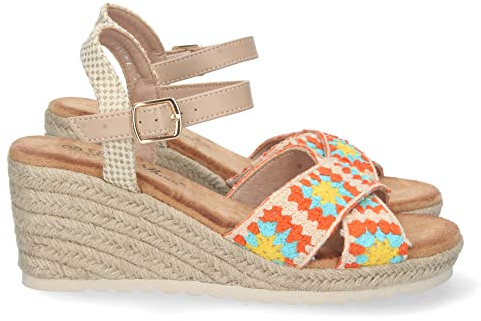 shoes&blues.es Sandalia de Cuna para Mujer, Comoda, Forrada de Yute, Palas Cruzadas con Bordado, y Cierre de Hebilla, Primavera Verano 2023