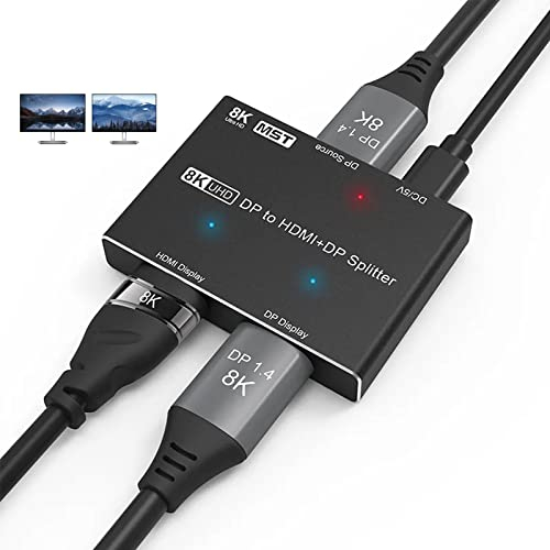 AOOCOO 8k DisplayPort HDMI Splitter, 8K@30Hz 4K@120Hz MST Hub Splitter-1 in 2 Out DP zu DP+HDMI Videokonverter für Computer mit MST-Funktion (nur Windows-PCs)