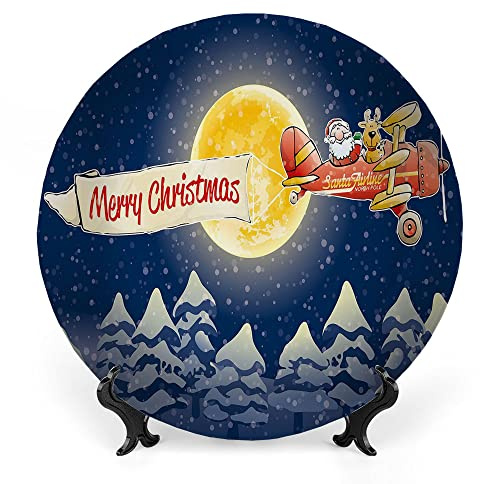 LIGUTARS Ceramic Plates, Christmas Decorative Ceramic Plates, Santa Claus Airline Theme Vintage Plane, 10 Inch, for Dining, Parties, Wedding, Dark Blue Marigold Red