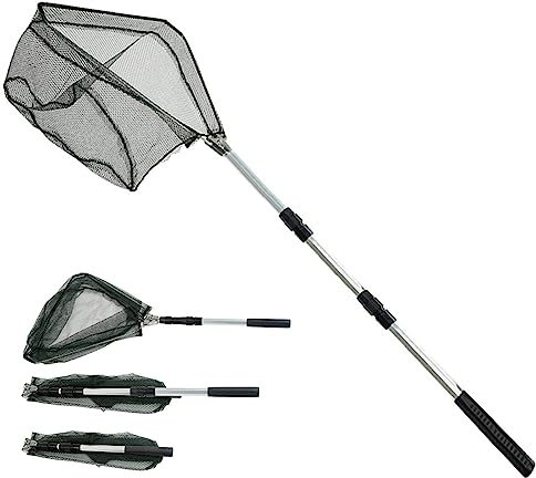 Épuisette de Pêche Pliable,150cm Long Manche Téléscopique,Poteau en Alliage d'Aluminium 3 Section/Filet Nylon Triangulaire,Extensible de 37 à 68 Pouces,pour Carpe Truite Crevette Etang Bassin Poisson