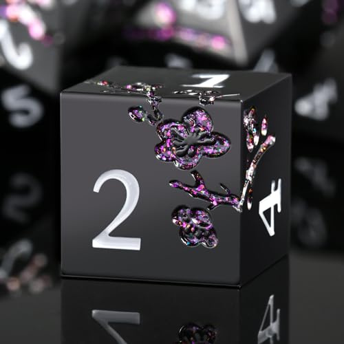 Glitter Purple Metal D&D Dice, 7 PCS Flower Metallic DND Dice Set with Grogeous Gift Case for Dungeons and Dragon Tabletop Game (Matte Black with Glitter Purple Flower)