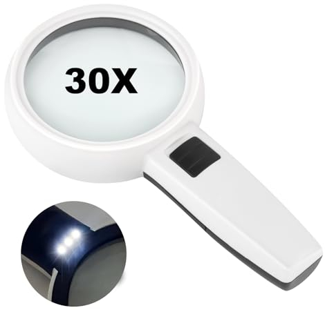 Lupe mit Licht, KEWUZY Handlupe LED Beleuchtete Leselupe mit 30X, Licht Leselupe mit Klarheit Doppelglaslinse,für Senioren, Kinder, Lesen, Inspektion, Schmuck, Hobby