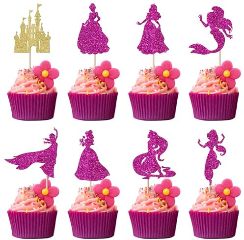 Xsstarmi Cupcake-Aufsätze mit magischem Prinzessinnen-Motiv, Glitzer, Eis, Elsa, Bella, Schloss, Meerjungfrau, Prinzessin, Cupcake-Picks, Dekoration für Prinzessinnen-Thema, Mädchen, Geburtstagsparty,