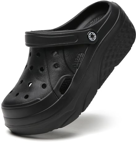 SECHRITE Damen Plattform Clogs Atmungsaktiv Plateau-Sandalen Holzschuh Bequem Gartenschuhe Classic Schaum Hausschuhe für Erwachsene Schwarz 42 EU