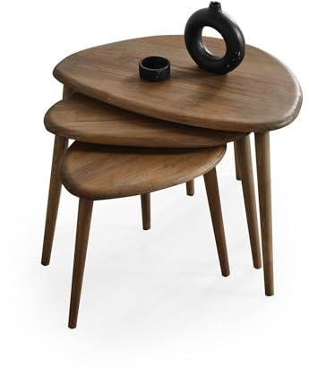 FAWdecor Lot de 3 tables basses gigognes en bois massif – Tables modernes en galets du milieu du siècle avec pieds fuselés – Meubles de maison en bois de style rétro (noyer)