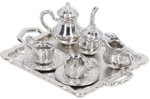 Mini juego de té de metal, simulación a escala 1/12, kit de bandeja de taza de té en miniatura realista para casa de muñecas 1:12, decoración de casa de muñecas en miniatura,