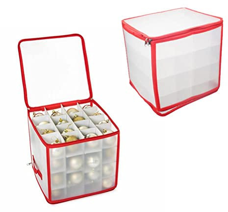 Mrisata Aufbewahrungsbox für Christbaumkugeln, PVC, Zusammenklappbar, Dekorationsbox für Bis zu 64 Weihnachtskugeln, Schlafzimmer-Aufbewahrung, Klar, Transparent, Rot, 31 X 31 X 28 Cm,