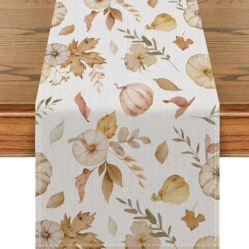 Ahornblätter Herbst Tischläufer - Kürbis Deko Tischdecke für Erntedankfest & Thanksgiving Party, Weiß, 40 x 180 cm