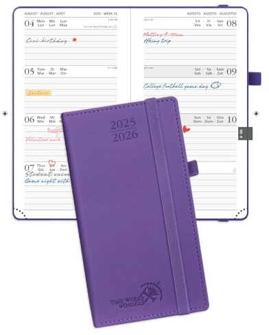 POPRUN Taschenkalender 2025 2026 Klein 16,5 x 9 cm (Aug.2025-Dez.2026) - Kalender 2025 2026 Klein mit PU-Leder - Terminplaner, Planer 1 Woche 2 Seite mit Stiftschlaufe - Lila