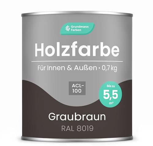 Grundmann Holzfarbe ACL 100 - Holzlack 0,7 Kg Braun - 4in1 inkl. Grundierung - Seidenmatt - Wetterfest für Innen & Außen - RAL 8019 Graubraun/Dunkelbraun