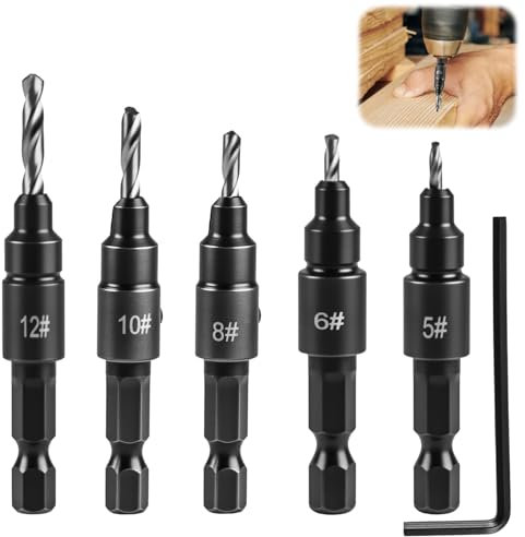 HSS Countersink Drill Bit Set 6-Piece, 1 PCS Hex Wrench and 5 PCS Quick Change 1/4 Hex Shank Countersink Bits Adjustable Self-Centering for Wood, Plastic, Composite Panels & Deburring Tool