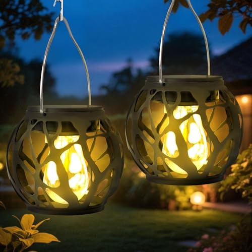 Solarlampen für Außen Hängend, 2 Stück Vintage Solar Laternen für Draußen, Solarleuchten für Außen mit Realistischen Flammeneffekt, IP65 Wasserdichte Solarlaterne Gartenleuchte für Patio Terrasse
