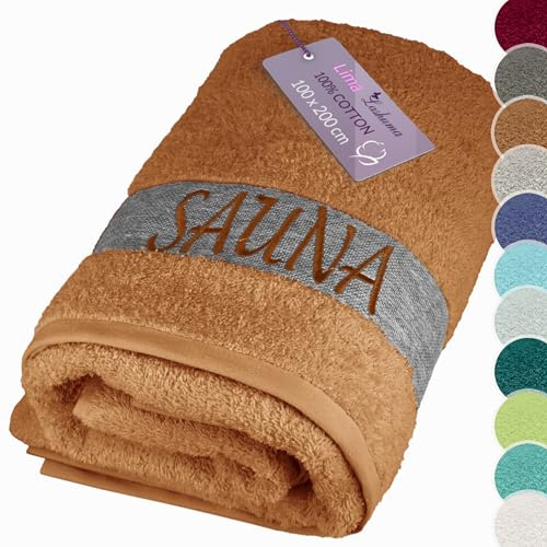 Lashuma Saunahandtuch 100x200 cm, Frottee XXL Badetuch in Camel Braun | 500 gsm Frottee aus 100% Baumwolle, als Saunatuch, Badehandtuch, Duschtuch und Liegetuch für Sauna und Bad
