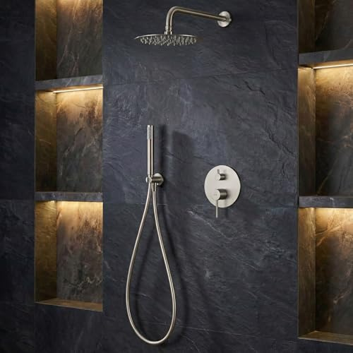 IMEX - Ducha Empotrada Níquel Monomando | Conjunto de Grifería Empotrado con Alcachofa y Rociador Antical Efecto Lluvia | Columna Ducha Empotrada con Grifo en Latón y Acero Inox S.304 | Serie Monza