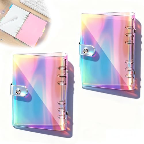 DIYCUT 2 Stück Ringbuch A6 mit Druckknopf, Bunt Ringordner 6 Loch, A6 Binder aus weichem PVC, Transparent avec Dégradé Laser, für lose Blätter, Büro, Schule, Journal, Buch
