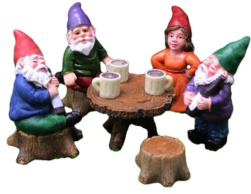 Dbvnnsy 6Pcs/Set Garden Gnome Figurines Set Resin Miniature Gnomes Statue with Table and Stool Cute Yard Ornaments Collectible Decoration for Garden Outdoor Lawn
