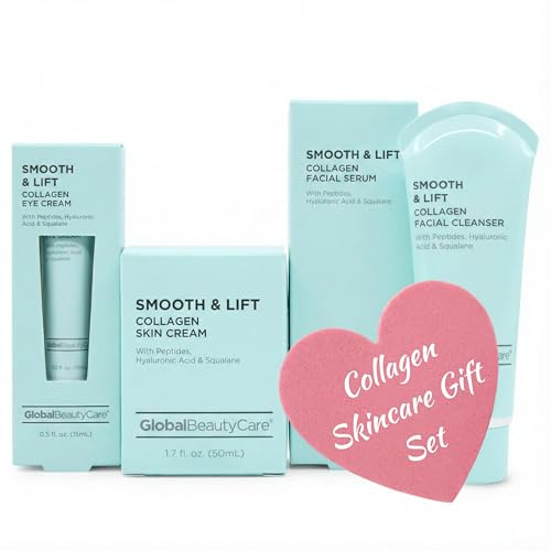 Global Beauty Care Smooth & Lift Collagen Skin Care Set - Hydrating & Firming Facial Cleanser, Serum, Eye Cream & Face Cream with Peptides & Hyaluronic Acid, Complete Face Care Routine, 4-Piece Set