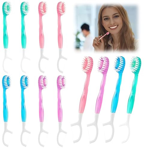 JUGUTA 12Pcs Mini Cepillo Dientes Viaje Portátil, 5 En 1 Cepillos De Dientes Desechables Con Pasta, Hilo Dental, Palillo De Dientes, Raspador De Lengua, Envueltos Individualmente Cepillo De Dientes