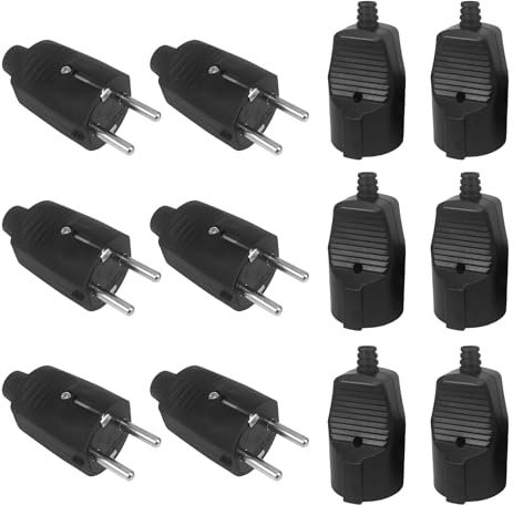 6 Paar Schuko Stecker Kupplung: WIYETY Schuko Stecker Aussenbereich Rundstecke 16A mit Knickschutz, Verbindung Schukostecker Kupplung 250V, Schutzkontakt Stecker IP44 für Außenbereich (Schwarz)