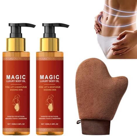 GXGM 2 flacons d'huile corporelle luxueuse et magique,Comprend 1 gant pour l'application, réduit les rides, améliore l'élasticité, convient à tous les types de peau, 100 ml