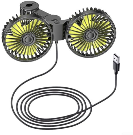 Ventilateur de voiture USB rotatif à 360 degrés à double tête pour siège arrière compatible avec tous les modèles de véhicules Débit d'air réglable et design articulé flexible