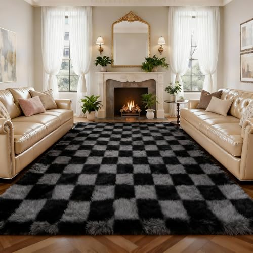Untimaty Rugs Living Room - 160x230cm Classic Checkered Large Grey and Black Ultra Soft Fluffy Bedroom Area Rugs Washable Anti-Slip Backing Carpet Nursery Kids Room Modern Floor Home Decor
