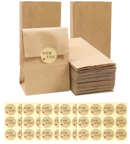 50 Pcs Paper Bags for Food, 9x18x5.5cm Brown Paper Lunch Bags With 60 Stickers, Kraft Paper Food Bags for Sandwich, Grocery, Snack, Lunch, Birthday, Party Favor, Easter, Snack Packaging