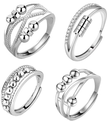 5pcs Bague Anti Stress Femme Argent Bague Anxiete Reglable Fidget Bague Anxiété Rotative Anti Stress D'humeur Empilables Tournant Anneau Ouvert Cadeau pour Femmes Hommes Saint-Valentin Mari Amie