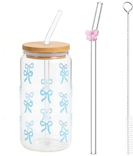 xoqoiuo 4Pcs Glass Cups with Lids and Straws, 500ml Glass Tumbler Iced Coffee Cups with Straw and Lid Set for Ice Water Juice Tea Milk Smoothie and Cold or Hot Drinks for Giving to Family