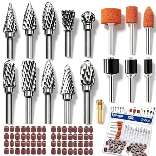 Tnisesm 80Pcs Carbide Rotary Burr Set for Dremel, Includes 1/8-Inch Carbide Double Cut Carving Burr Bits, Aluminum Oxide Drum Sander Sleeves for Wood Working, Engraving, Drilling, Steel Metal Working