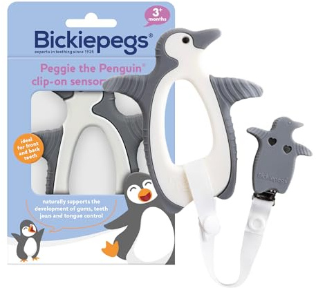 Bickiepegs Peggie le pingouin Jouet de dentition pour bébé avec clip - Sucette de dentition en silicone sans BPA - Jouets à mâcher doux et apaisants pour soulager les gencives - Essentiels mignons