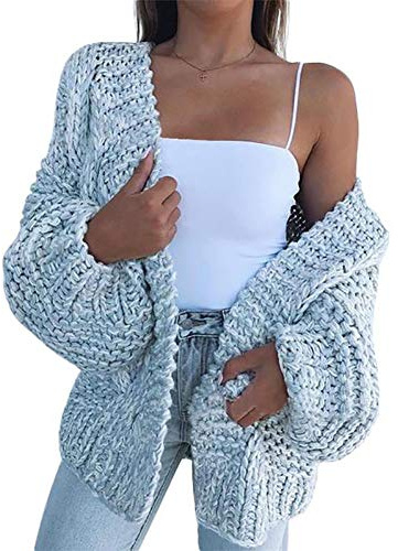 Onsoyours Cardigan en Grosse Tricot Manches Bouffantes Mode Décontracté Oversized Femme Gilet A Bleu M
