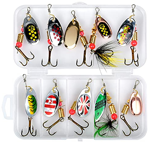 10 Piezas Señuelos de Pesca de Metal Duro, Cebo Artificial Duro con Caja de Plástico, Cucharas de Trucha Señuelos con Ganchos Agudos, Accesorios de Pesca giratorios para Pesca de Charca y Perca