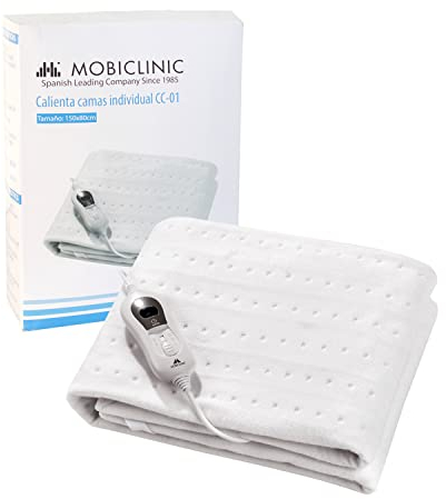 Mobiclinic, Couverture chauffante électrique, 150 x 80 cm, Très faible consommation, 3 niveaux de température, Chauffe-lit ajustable, Marque européenne, Chauffe-matelas, Lavable, Blanc