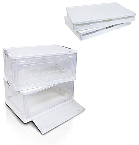 S.I.C SIC Caja de Almacenamiento Plegable Transparente con Puerta Frontal, Cajas de Almacenamiento de Plástico, Organizador para Maletero de Coche, Armarios, Hogar, Oficina (42x28x21 CM, Blanco-2)