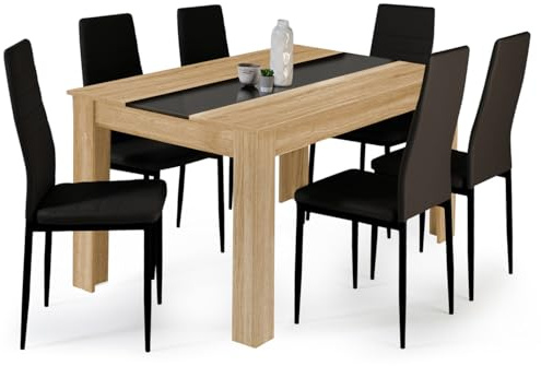 IDMarket - Mesa de comedor Georgia de 140 cm en haya sintética y negro y juego de 6 sillas romanas negras
