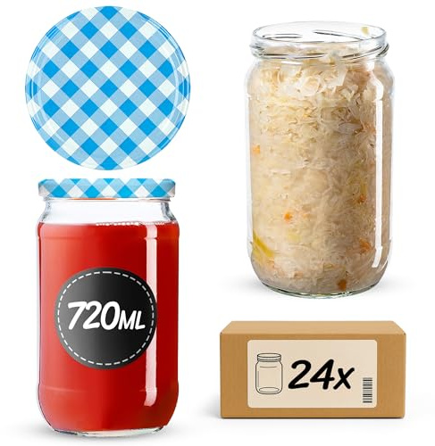 KADAX 24er Set Einmachgläser 720ml TO82 Blau kariert, Große Sturzgläser mit Schraubdeckel, Einkochgläser Fermentierglas für Gurken, Gemüse, Sauerteig