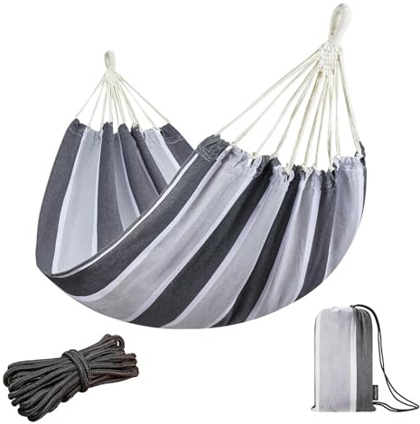 JoyView Brasilianische Hängematte für Einzelperson, tragbare Baumwoll-Hängematte mit Seilen zum Aufhängen und Tragetasche, 200 x 100 cm, 136 kg Kapazität, perfekt für drinnen und draußen, graue