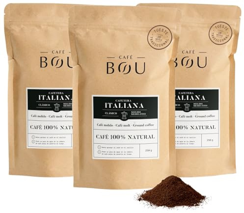 Café Bou | Café Moulu pour Cafetière Italienne | Café Premium 100% Naturel | Torréfaction élevée | Café Moulu avec Arômes de Chocolat | Pack 3 Paquets x 250gr