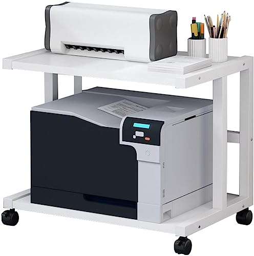 NUACOS Druckerwagen mit Arretierbaren Rädern,Untertisch Druckerhalter,2 Ebenen Druckertisch mit Verstellbaren Füßen für Drucker Scanner Fax Büro Druckerständer Rollbar,Weiß,W58cm