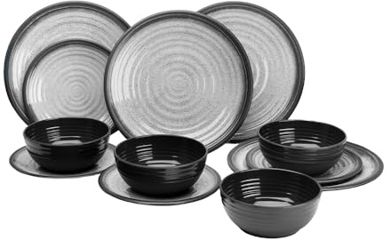 FLAMEFIELD Juego de melamina gris granito 12 piezas – Vajilla de diseño resistente para camping y almuerzos al aire libre, abraza la naturaleza con elegancia