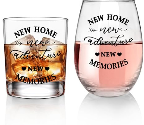 ONEHAUS New Home New Adventures Wine and Whiskey Glass Gift Set - Unique Housewarming Gift for New Homeowners - New Home Gift Ideas for Women and Men