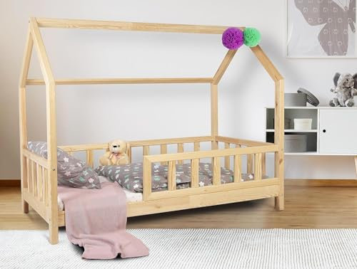 Alije Kinderbett Bett Hausbett Julia mit Rausfallschutz Lattenrost Bettgestell aus Kiefer Holz für Haus Kinder Jungen & Mädchen - Holzbett Baby Kinderzimmer (Naturholz, 120x190)