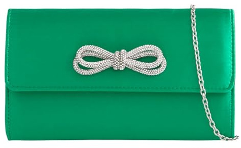 Pochette da sera in raso con fiocco e strass, ideale per spose e balli studenteschi, Verde, medium